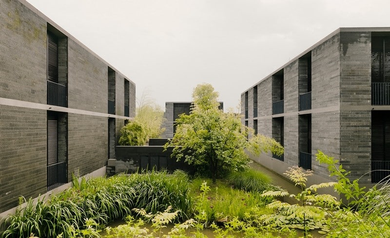 Apartment buildings surrounded by a water garden and wild landscape (9)