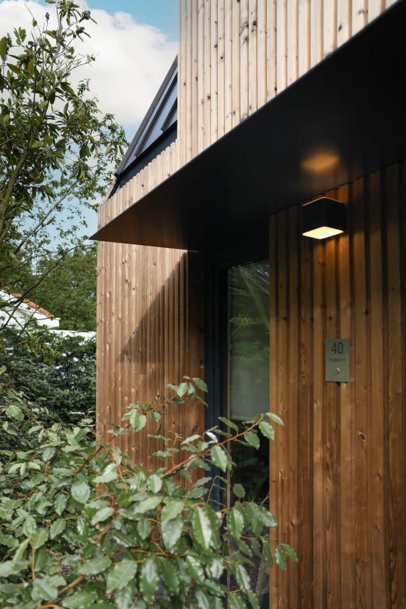 entrance, sustainable prefab house, wooden shelter